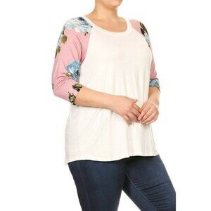 Raglan Floral T-Shirt Top XL 3/4 sleeve pink white MOA USA NEW